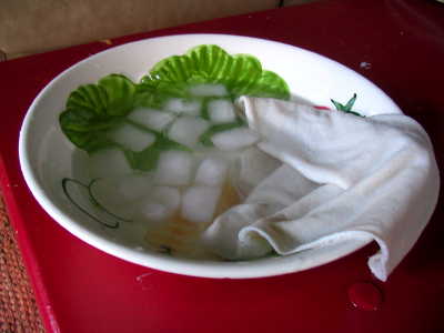 bowl with ice and facecloth